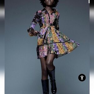 Zara-Amelie Purple Floral Dress Boho Long Sleeve Sheer Patchwork-Size Small